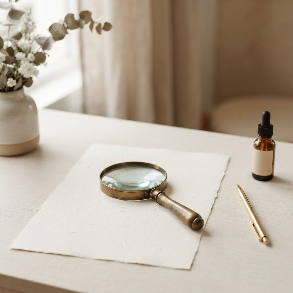 Magnifying glass, pen and skincare bottle on a cream desk for examining skincare claims