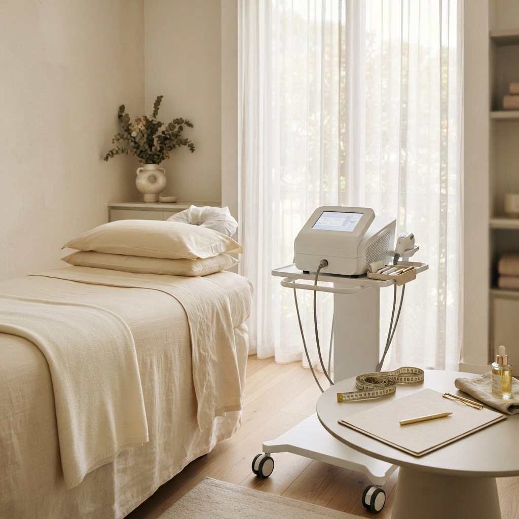 Body contouring treatment bed with machine, measuring tape and clipboard in an ivory clinic room