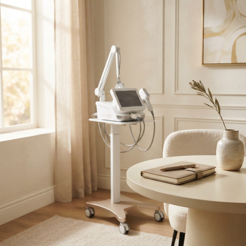 Ultrasound skin-tightening device and notebook in a warm ivory aesthetics consultation room