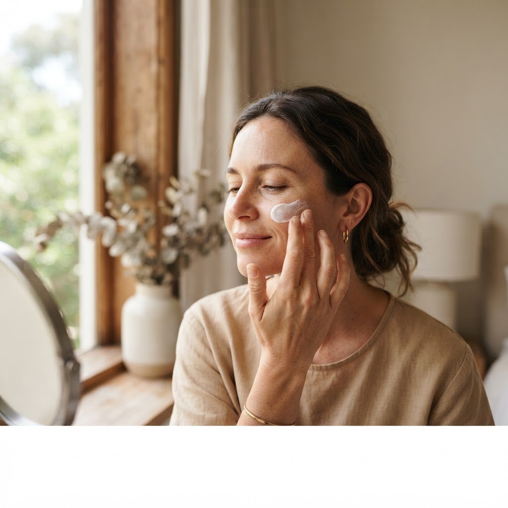 Woman applying sunscreen to her cheek in soft natural light