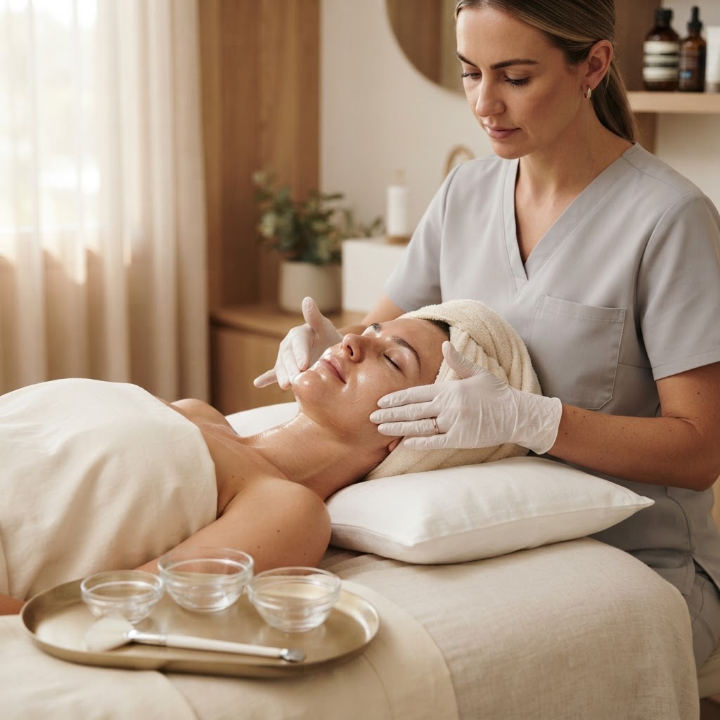 Practitioner applying hydrating serum during a 16-step HydroGlow facial on a client with a towel-wrapped head