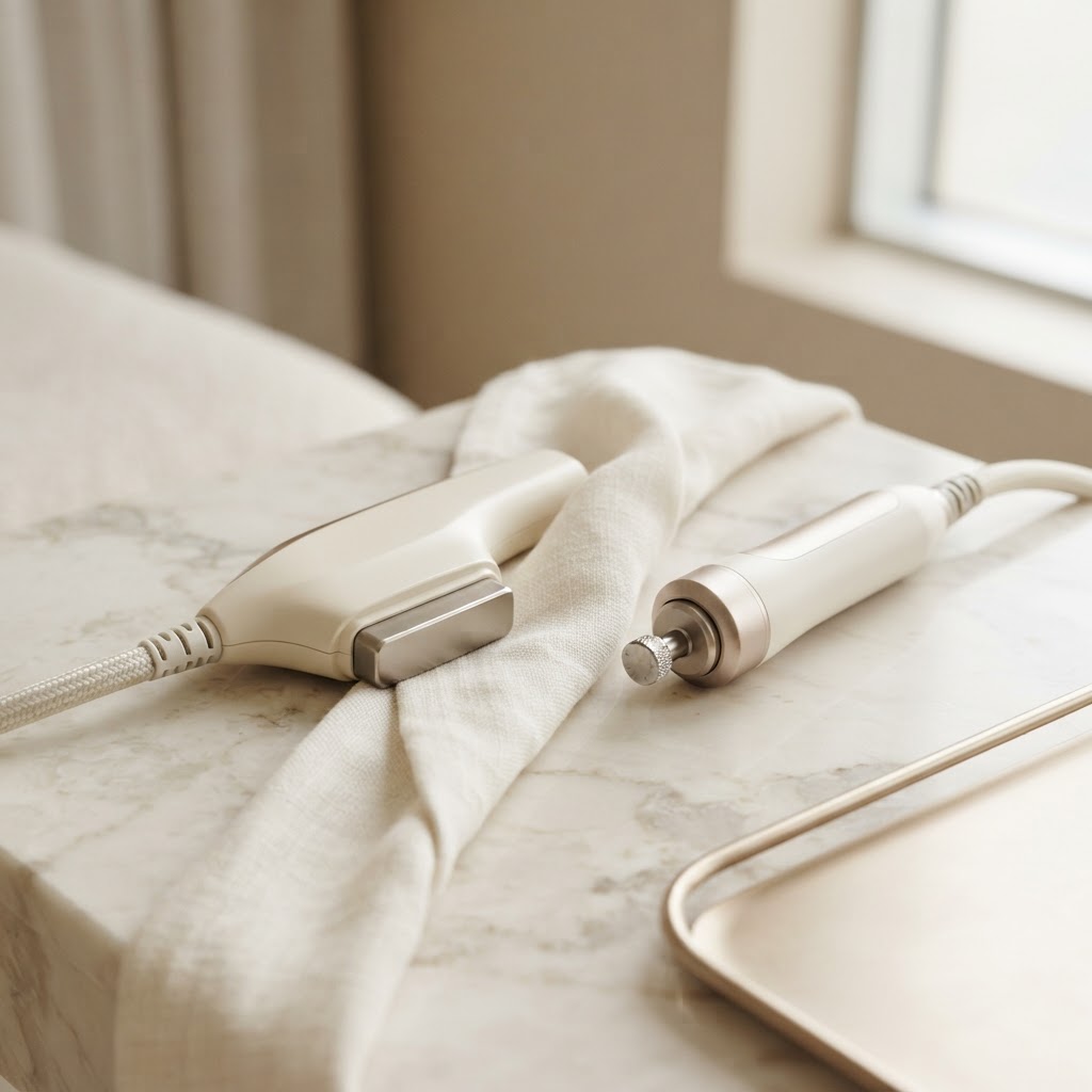 HIFU and radiofrequency handpieces side by side on cream marble for a technology comparison