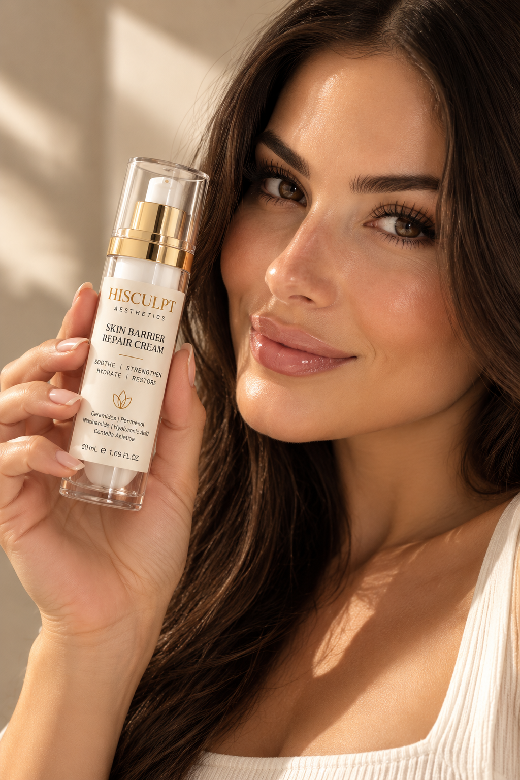 Model holding the HiSculpt Skin Barrier Repair Cream bottle