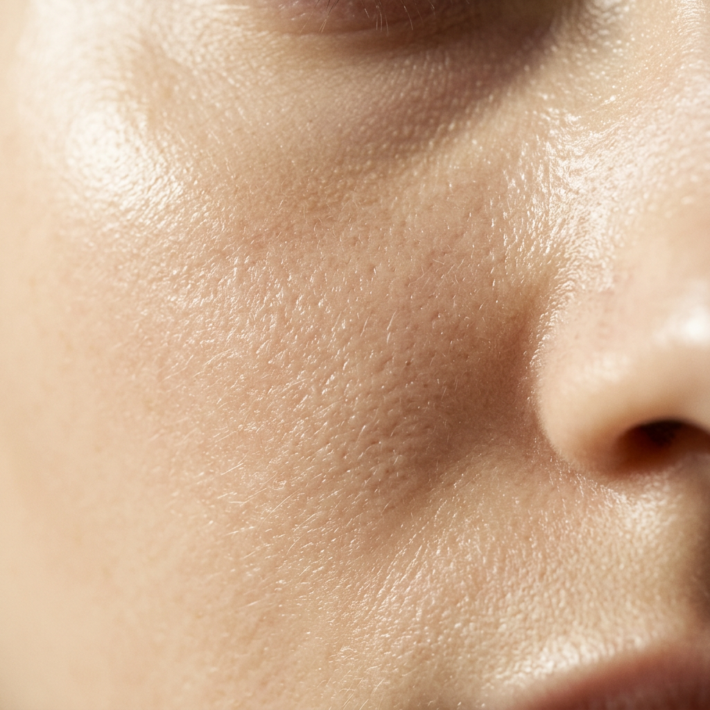 Macro close-up of facial skin showing natural pores and dewy texture