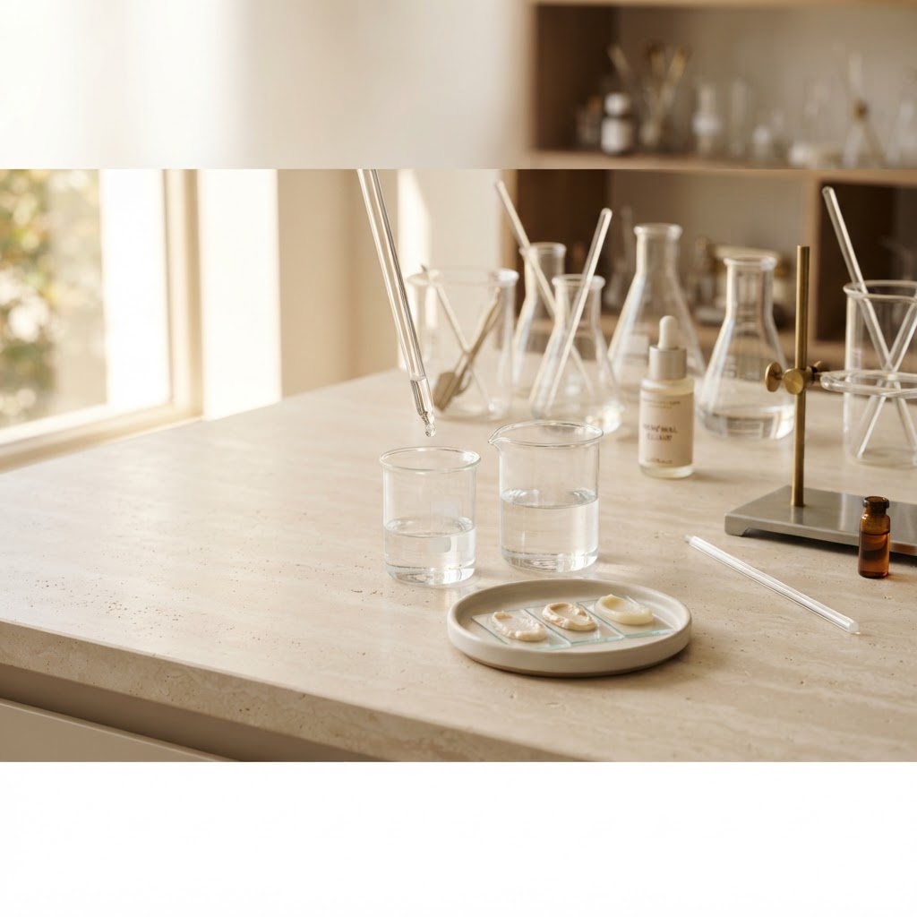 Glass beakers, pipette and cream swatches on an ivory laboratory bench