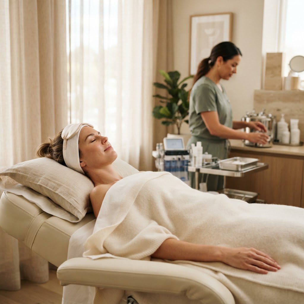 Client relaxing on a cream treatment bed before a body contouring appointment