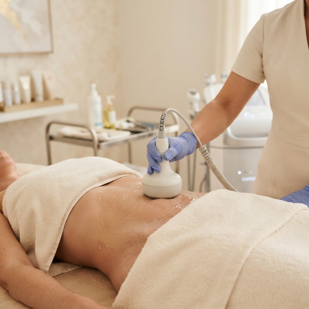 Practitioner guiding an ultrasound cavitation handpiece over a client's abdomen during a body contouring treatment