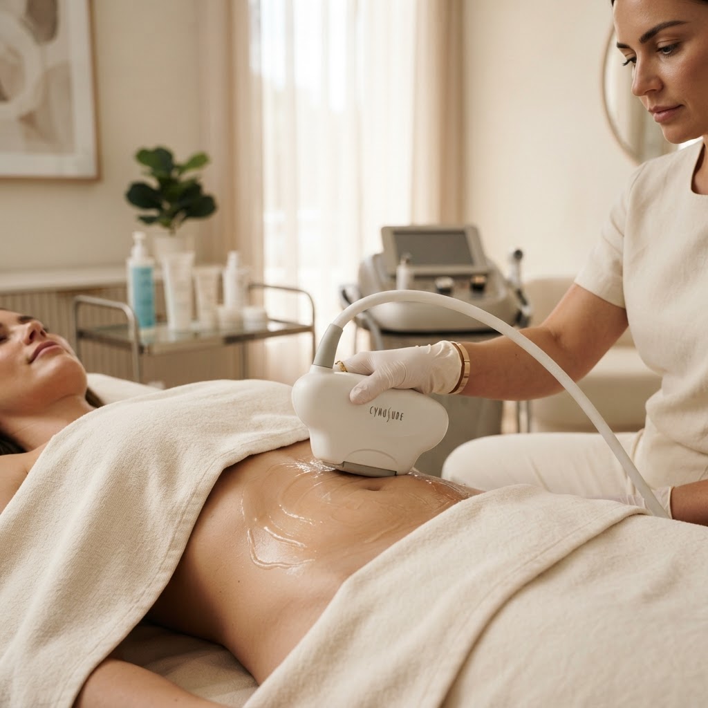 Gloved hand guiding a body contouring handpiece over a client's abdomen