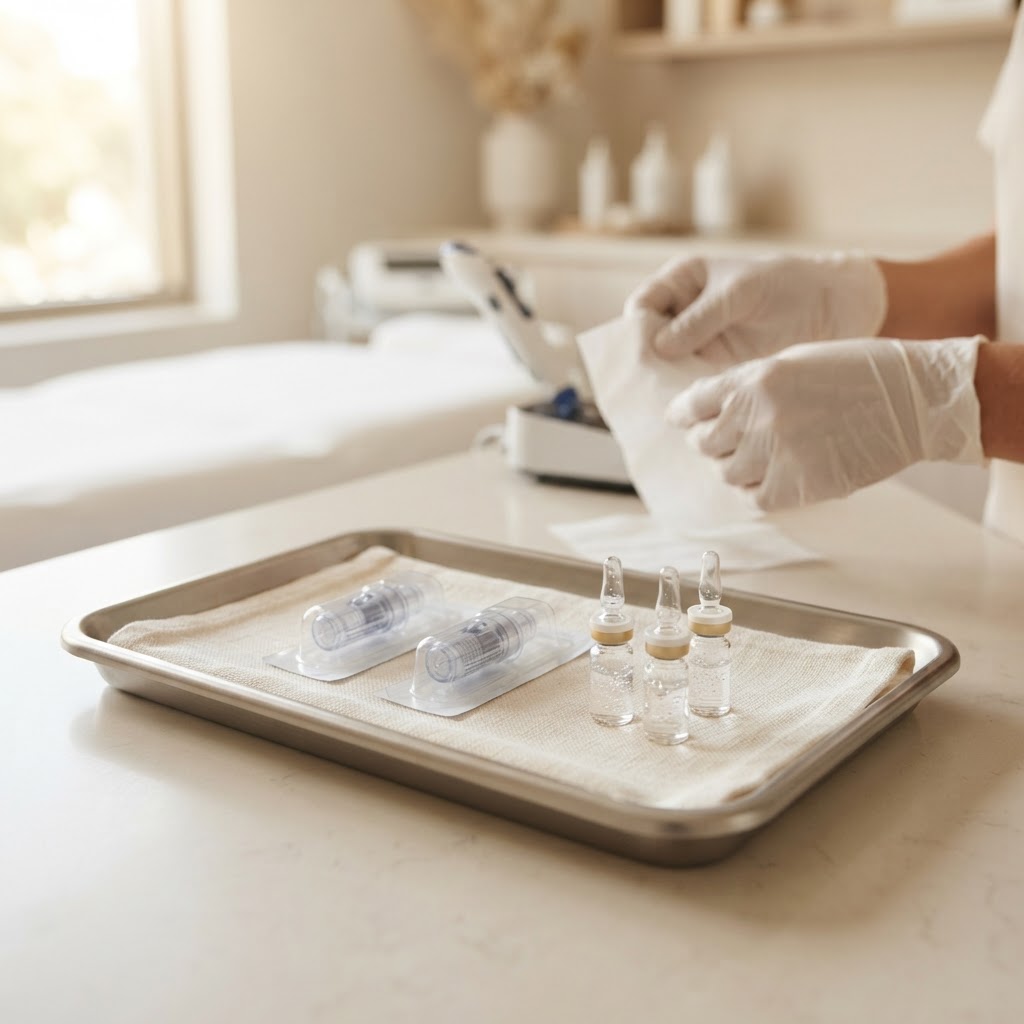 Sterile tray of microneedling cartridges and serum ampoules on cream linen