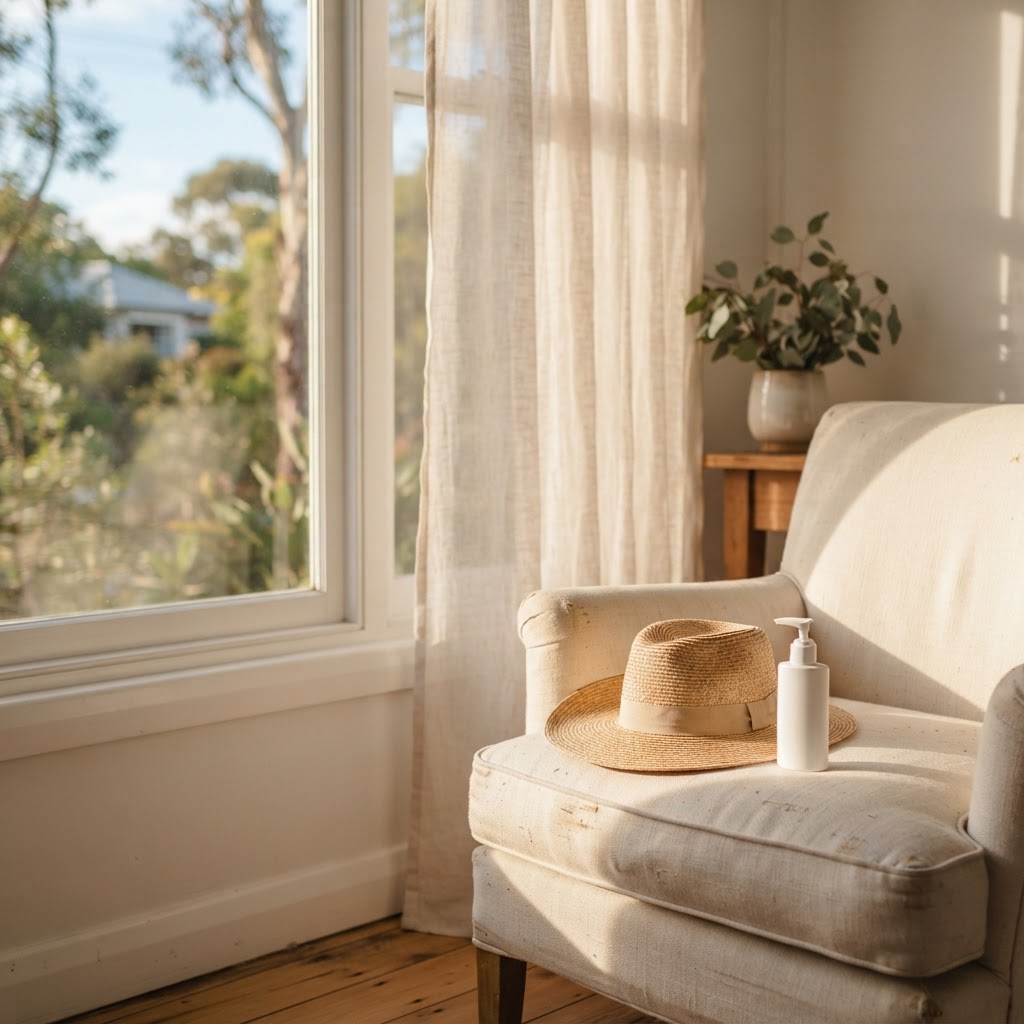 Straw sunhat and sunscreen bottle on a cream chair beside a sunlit curtain