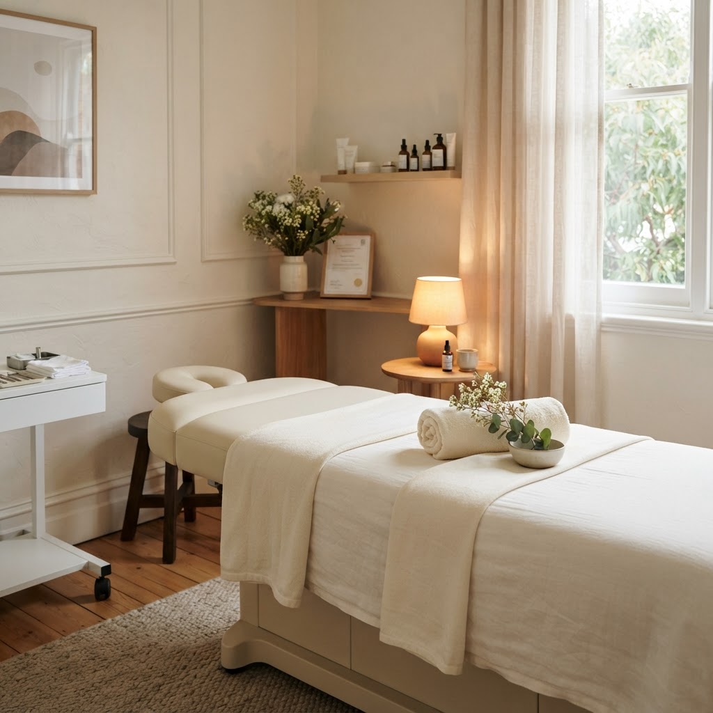 Cream treatment bed with towels and white flowers in a boutique aesthetics clinic room