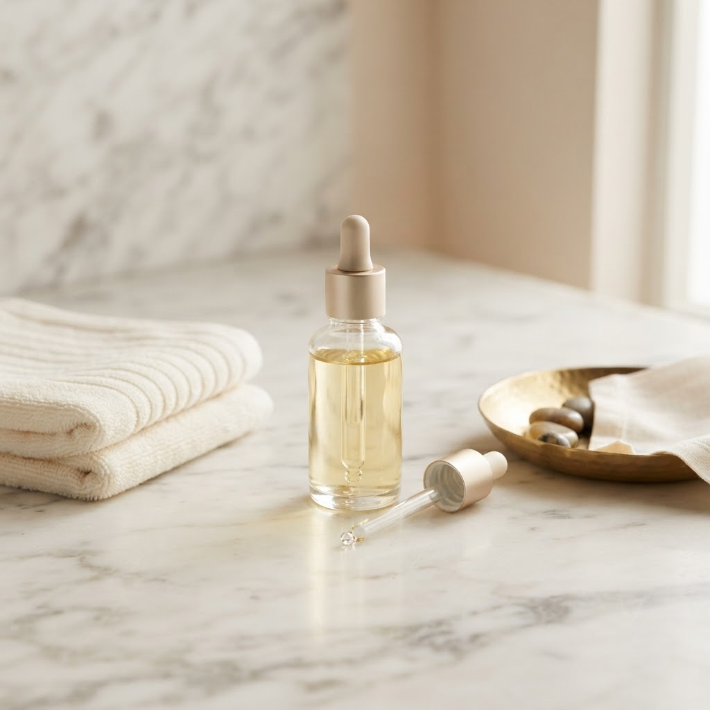 Glass dropper bottle of mandelic acid peel solution on cream marble with a folded ivory towel