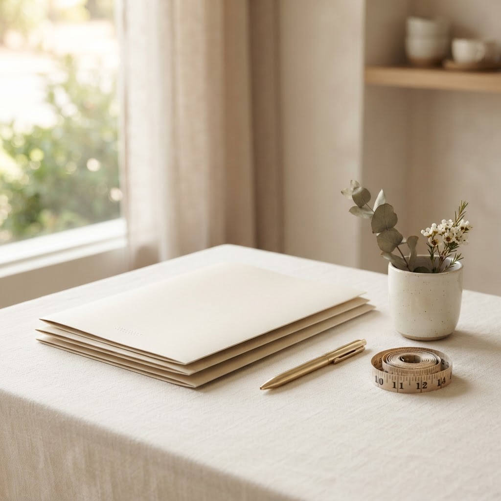Cream folders, gold pen and measuring tape on an ivory desk for treatment planning
