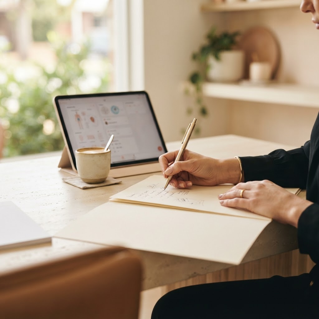 Practitioner writing a personalised treatment plan in a cream folder beside a tablet