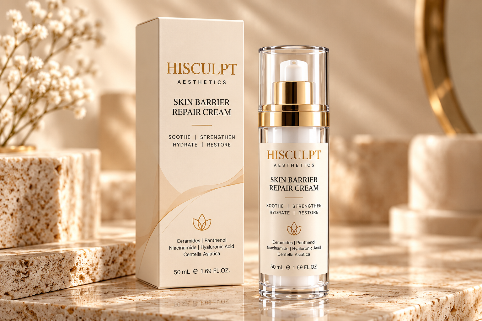 HiSculpt Skin Barrier Repair Cream bottle and box on an ivory background