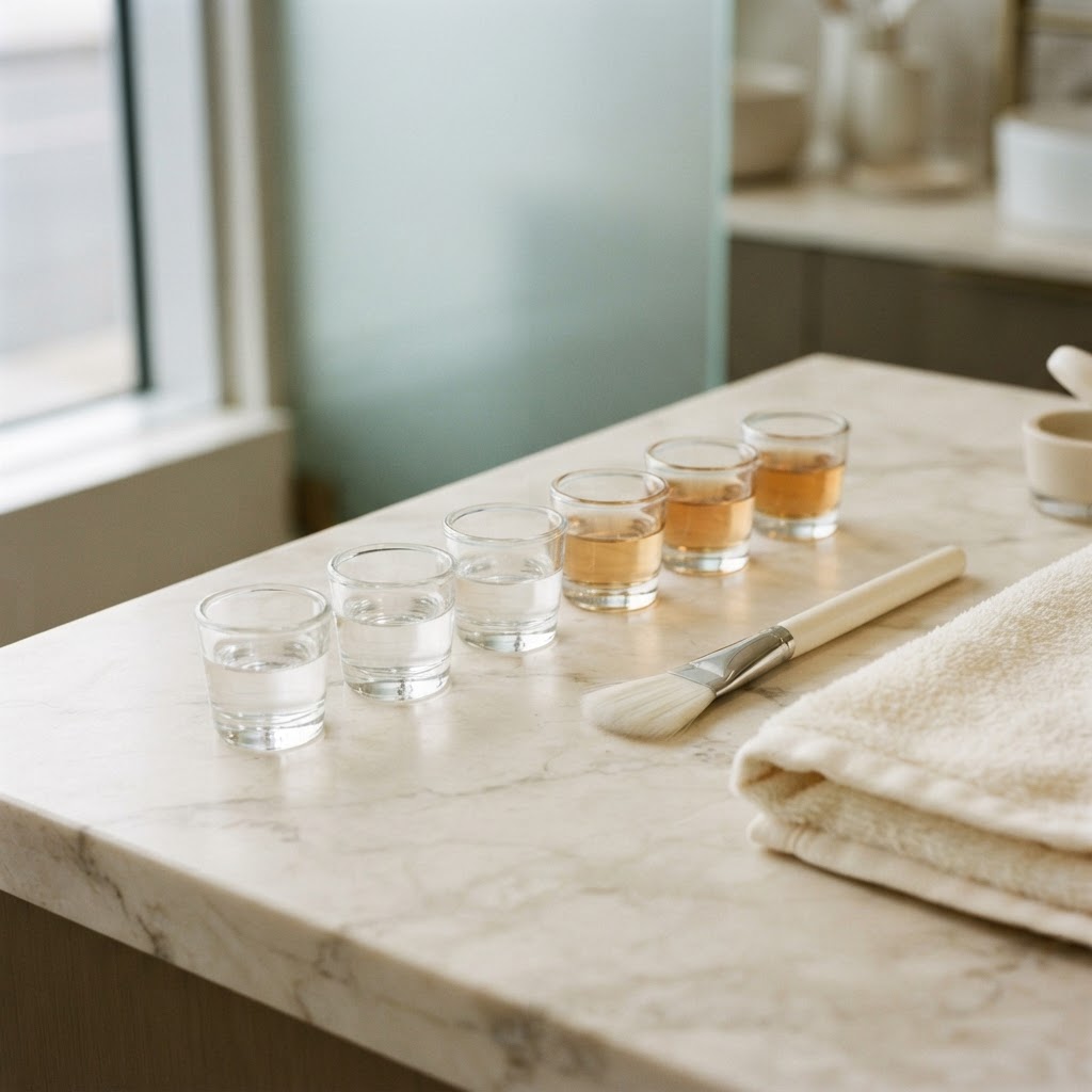 Row of glass dishes of chemical peel solutions with a soft brush on cream marble