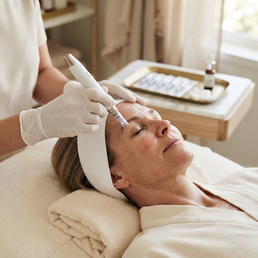 Practitioner in gloves holding a microneedling pen above a client's cheek during skin needling