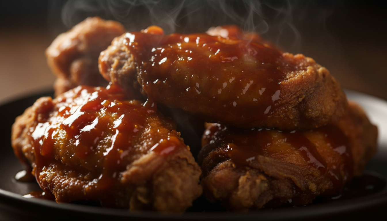 Close-up of crispy chicken wings coated in a glossy dark amber bourbon sauce, steam rising