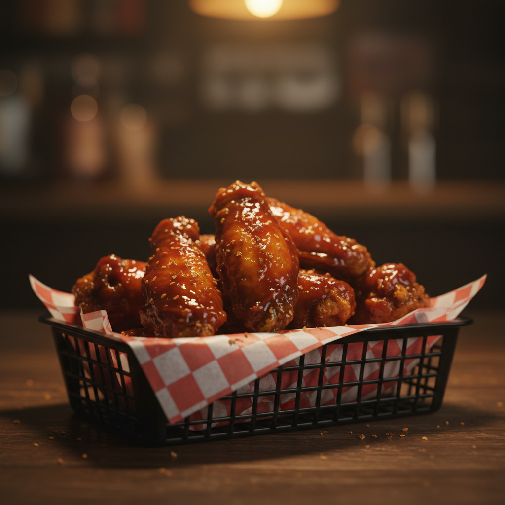 Basket of crispy wings in hot honey BBQ sauce