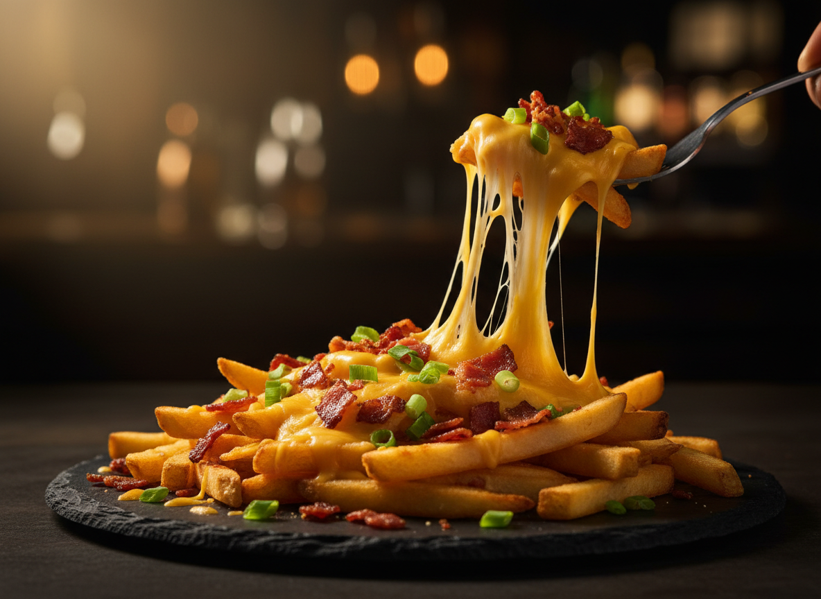 Loaded fries with melting cheese pull, crispy bacon bits, and green onions