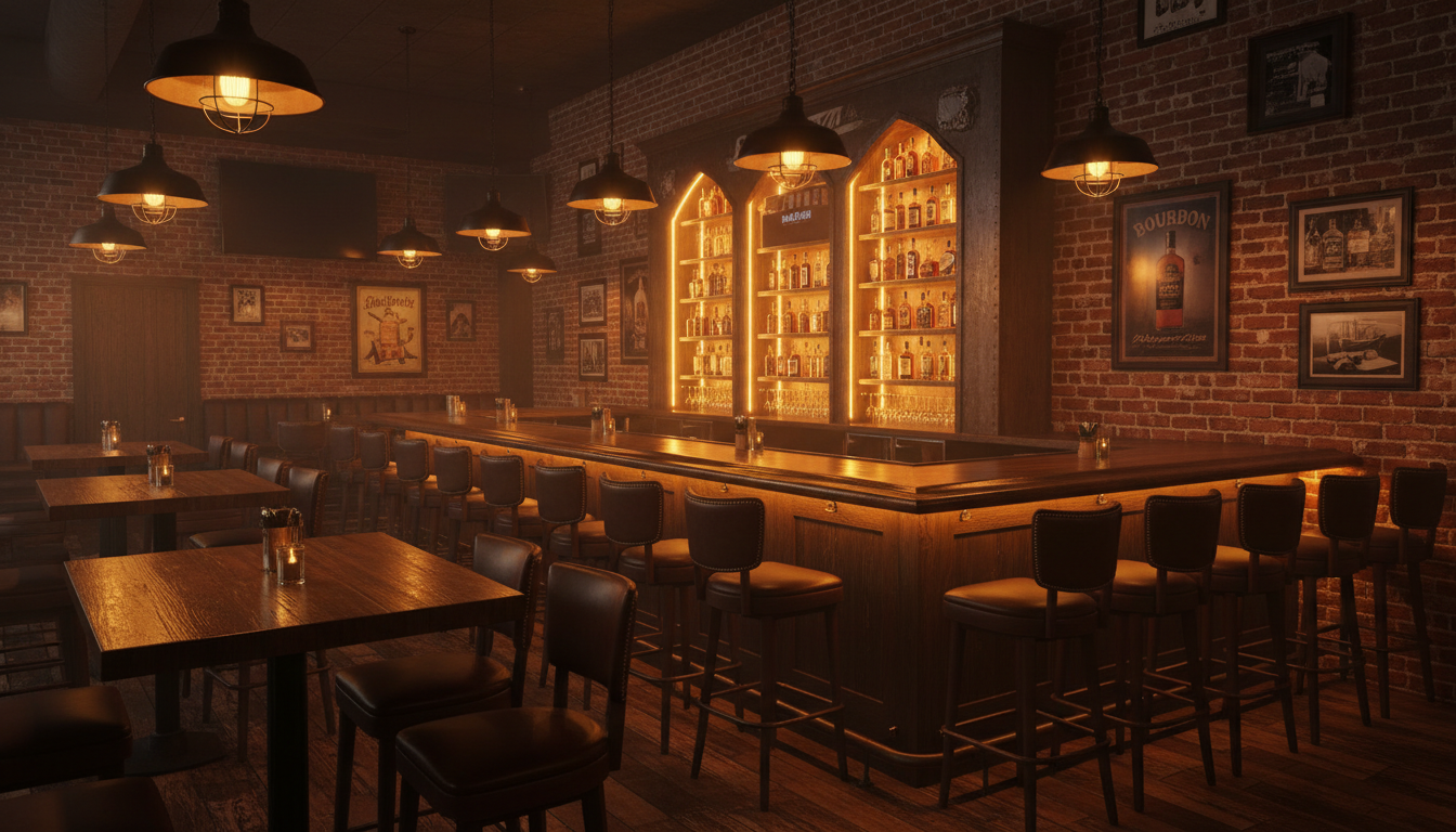 Interior of Bourbon City bar with warm amber lighting reflecting on dark polished wood surfaces and exposed brick