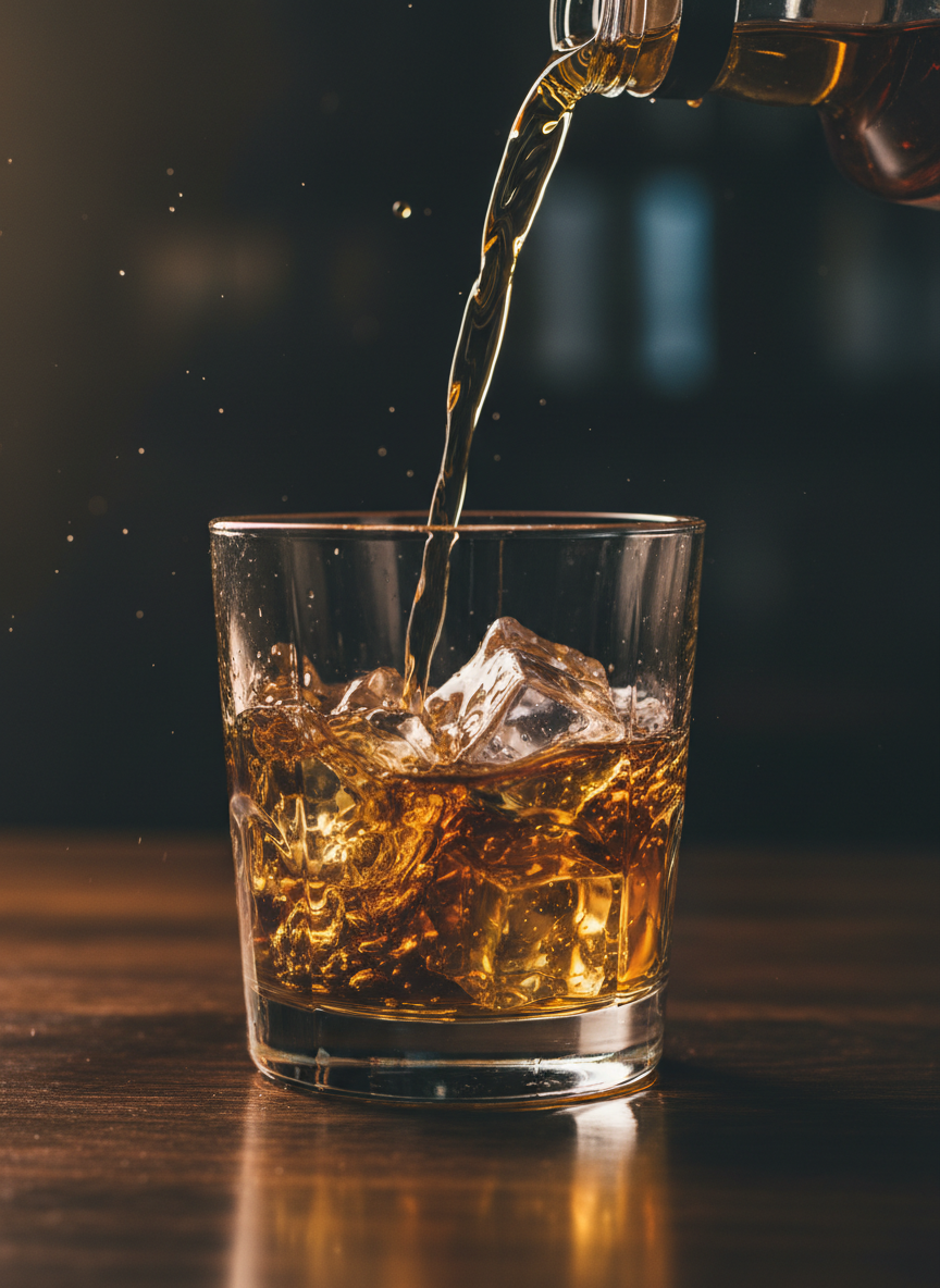 Bourbon whiskey being poured into a glass mid-splash with amber liquid catching warm light