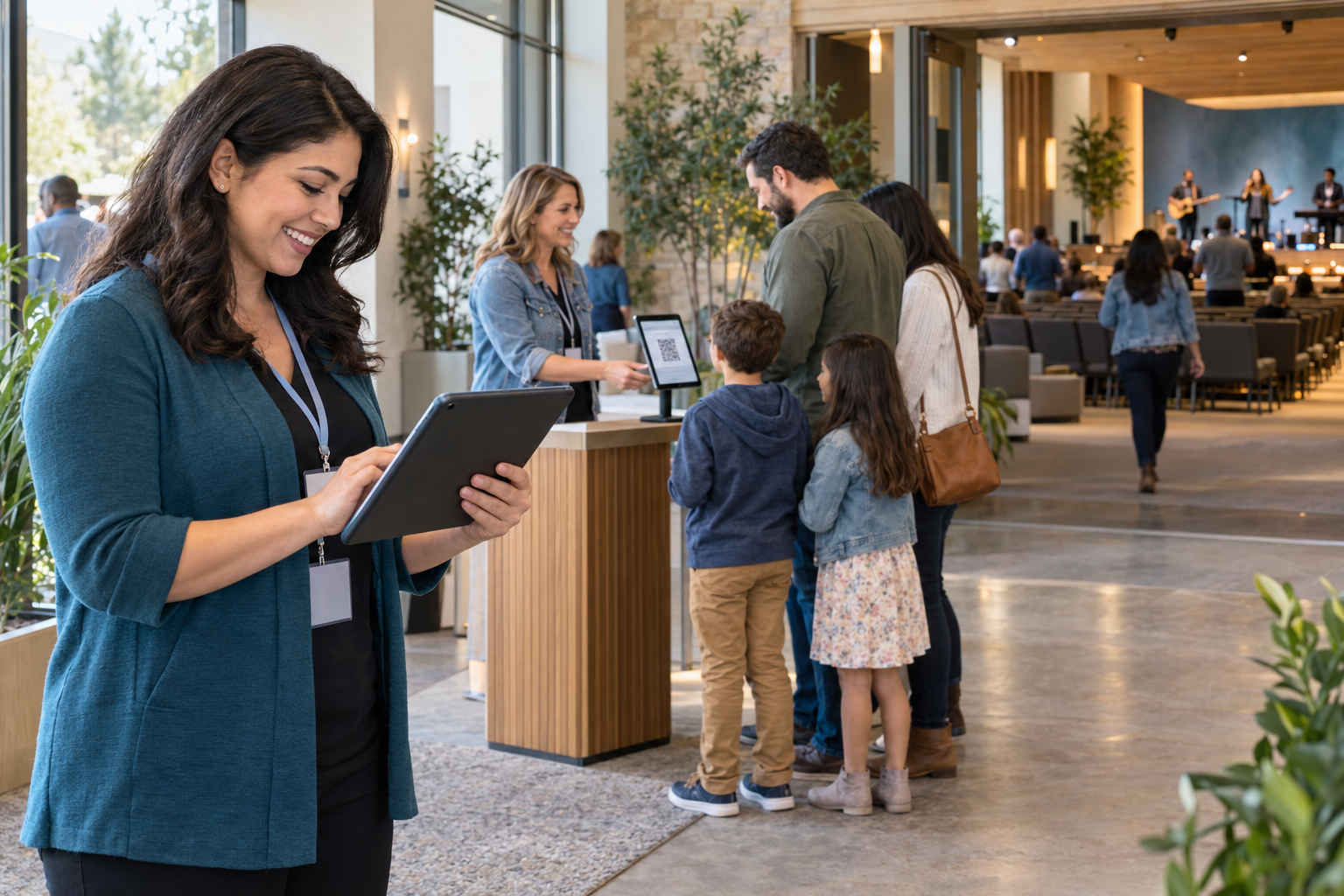 A welcoming church lobby where staff assist a family at a check-in podium with a QR code tablet