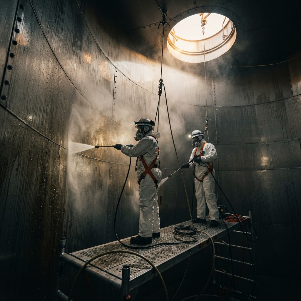 Certified confined space technician entering vertical shaft