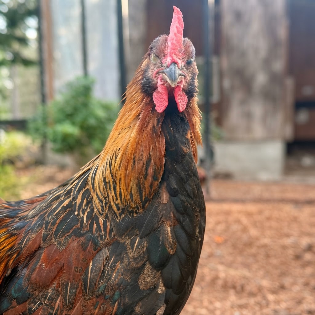 Our rooster keeping an eye on your chicks