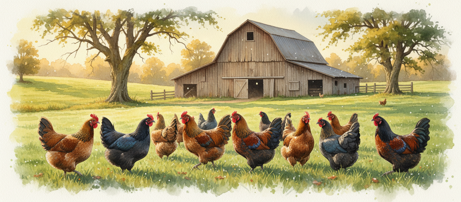 Heritage chickens free-ranging on a lush green pasture at golden hour