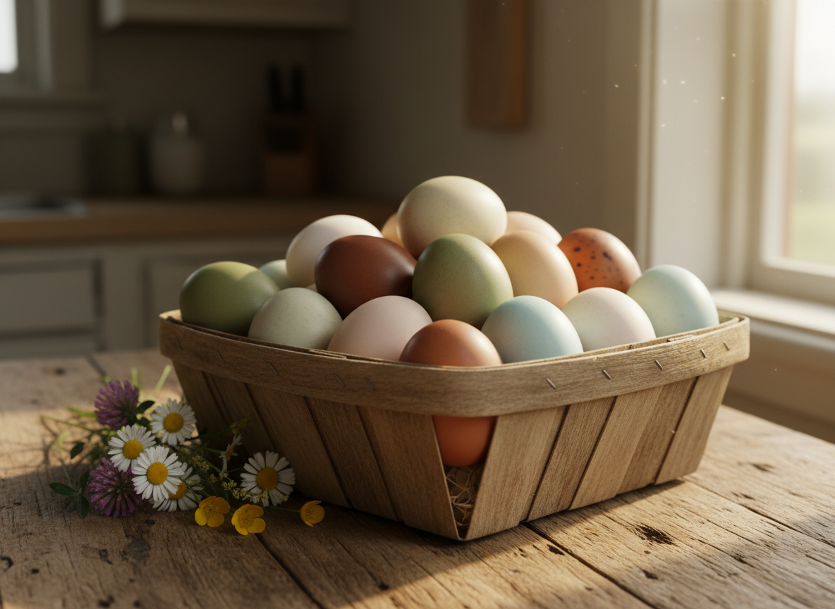 Basket of colorful farm eggs in olive, chocolate, blue, and cream