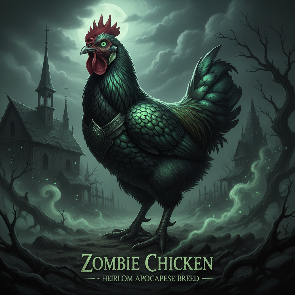 Zombie Line chicken — dark iridescent plumage with eerie glow