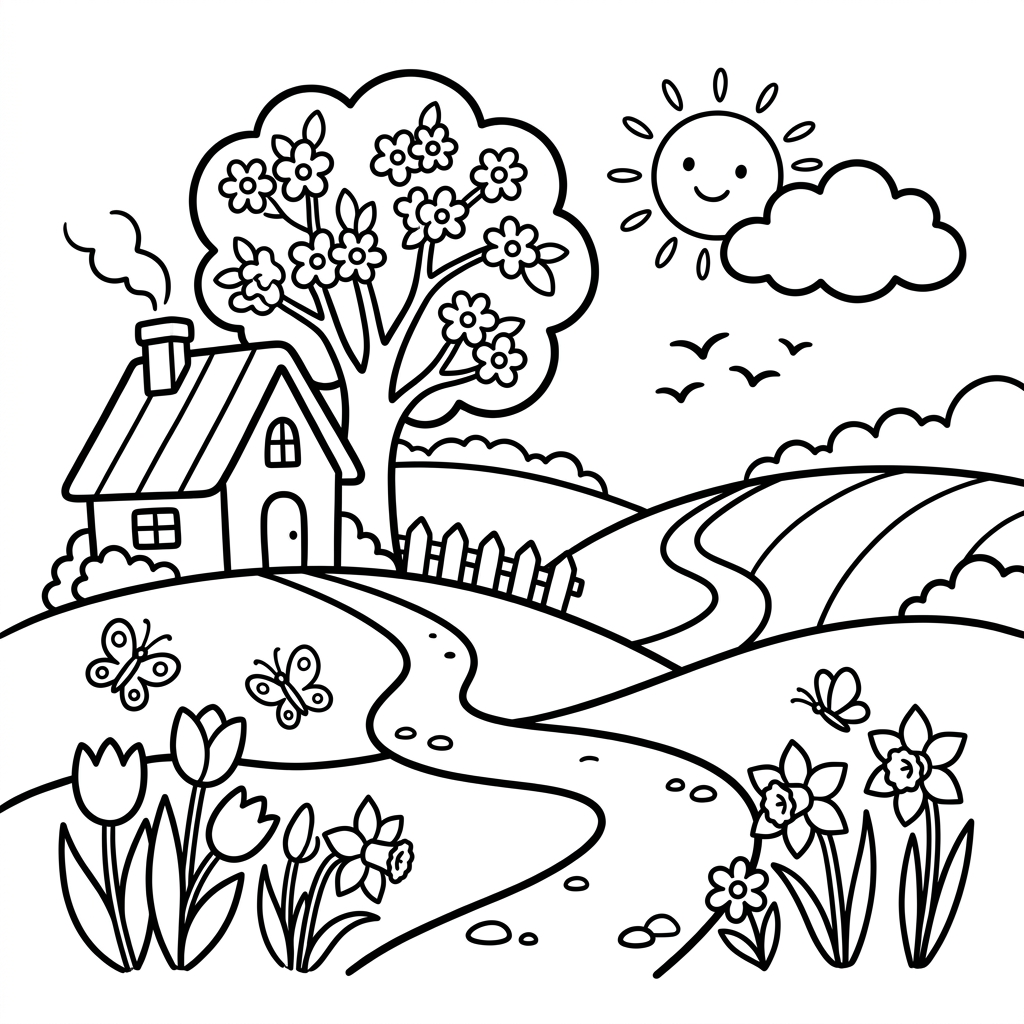 Dibujo de paisaje primaveral para colorear 1