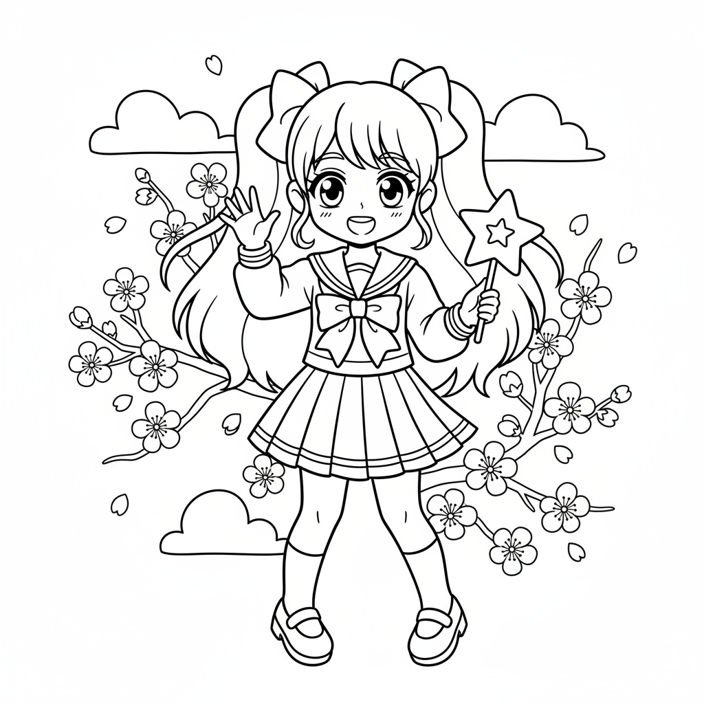 Ausmalbild Anime-Mädchen 1