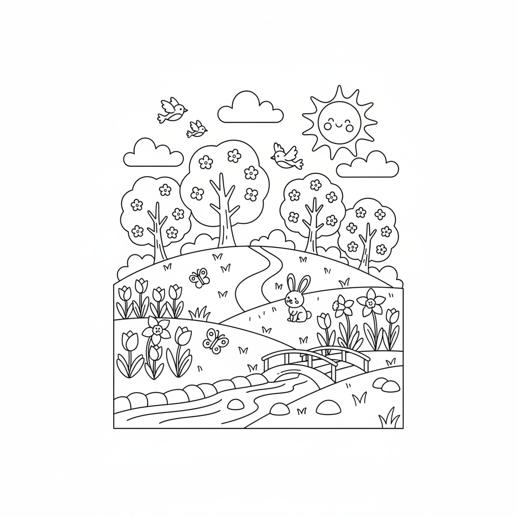 Disegno di paesaggio primaverile da colorare 8