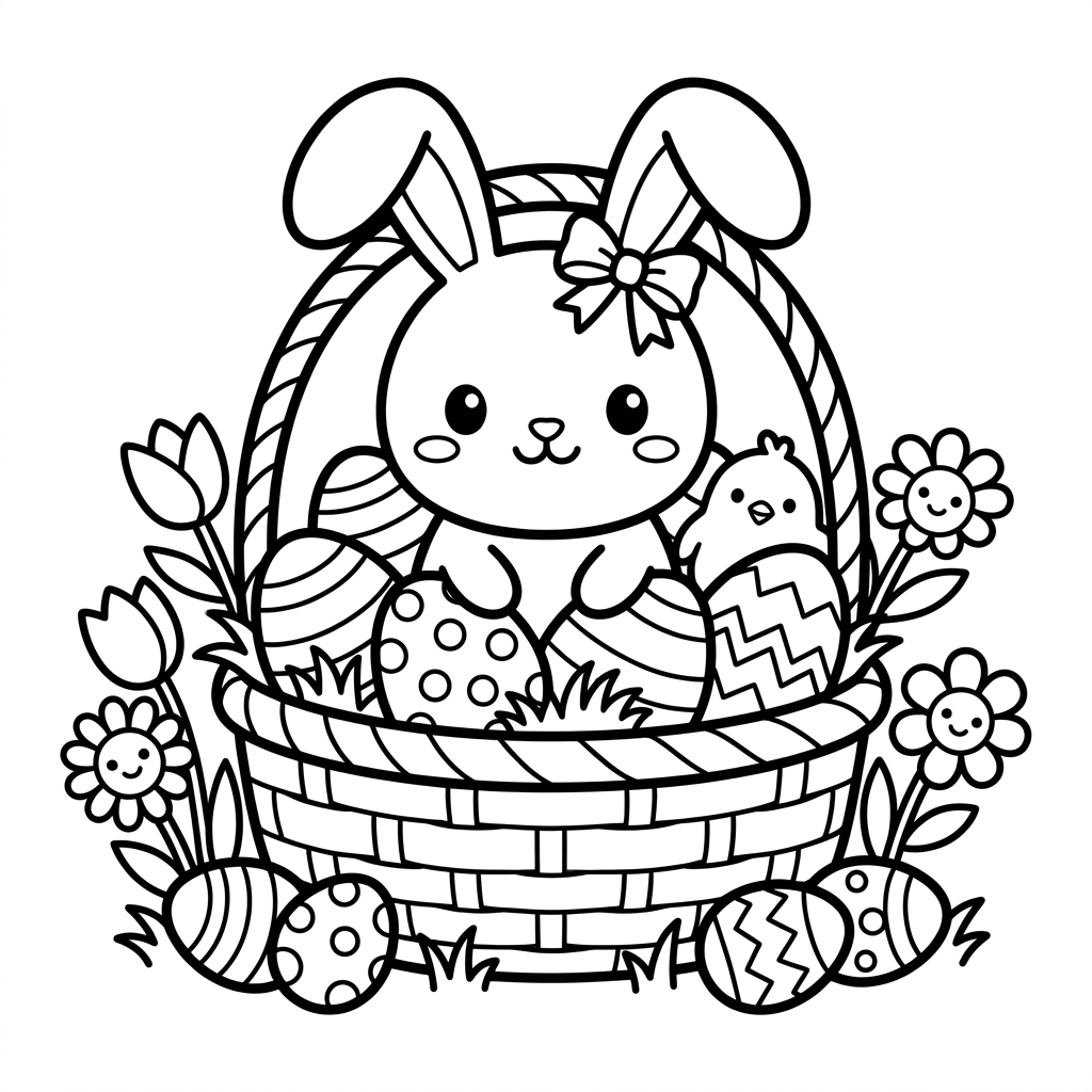 Dibujo de Pascua kawaii 5 con un conejo y un huevo