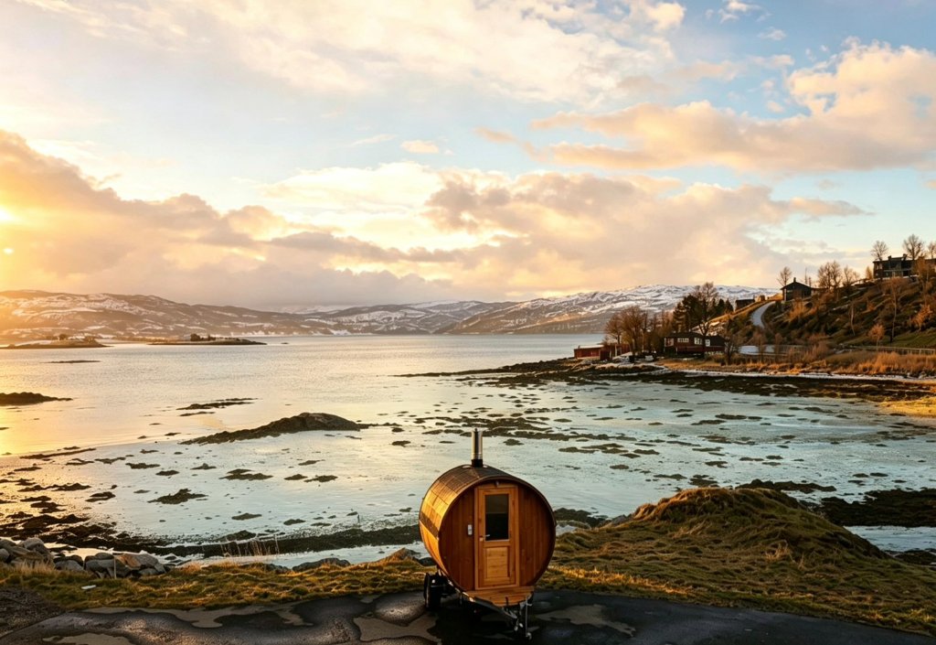 Barrel sauna by the fjord in Harstad, Northern Norway