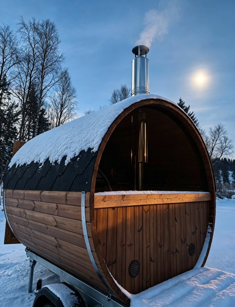 Sauna with snow on the roof in a winter landscape