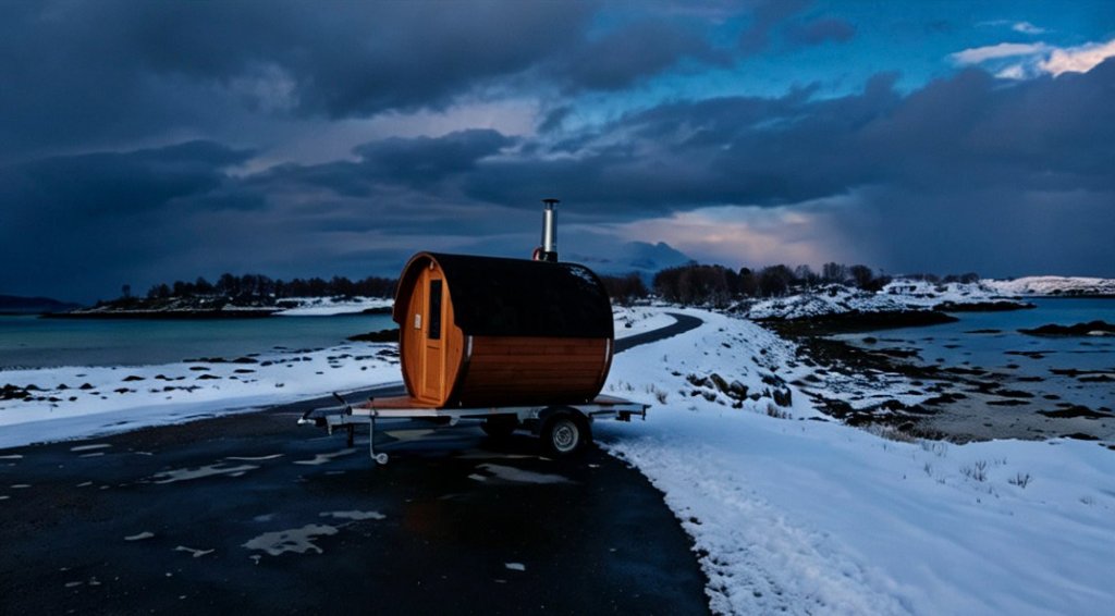 Barrel sauna on a trailer in a winter landscape by the sea