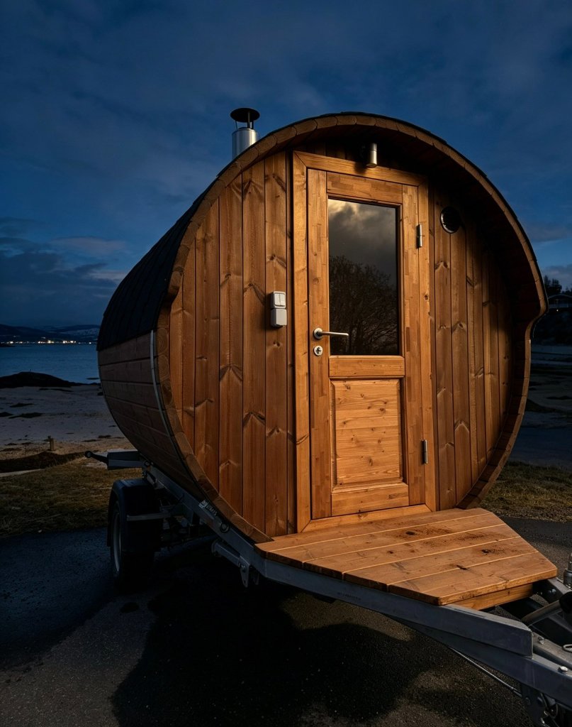 Person enjoying the view from a sauna over the Northern Norwegian fjord landscape