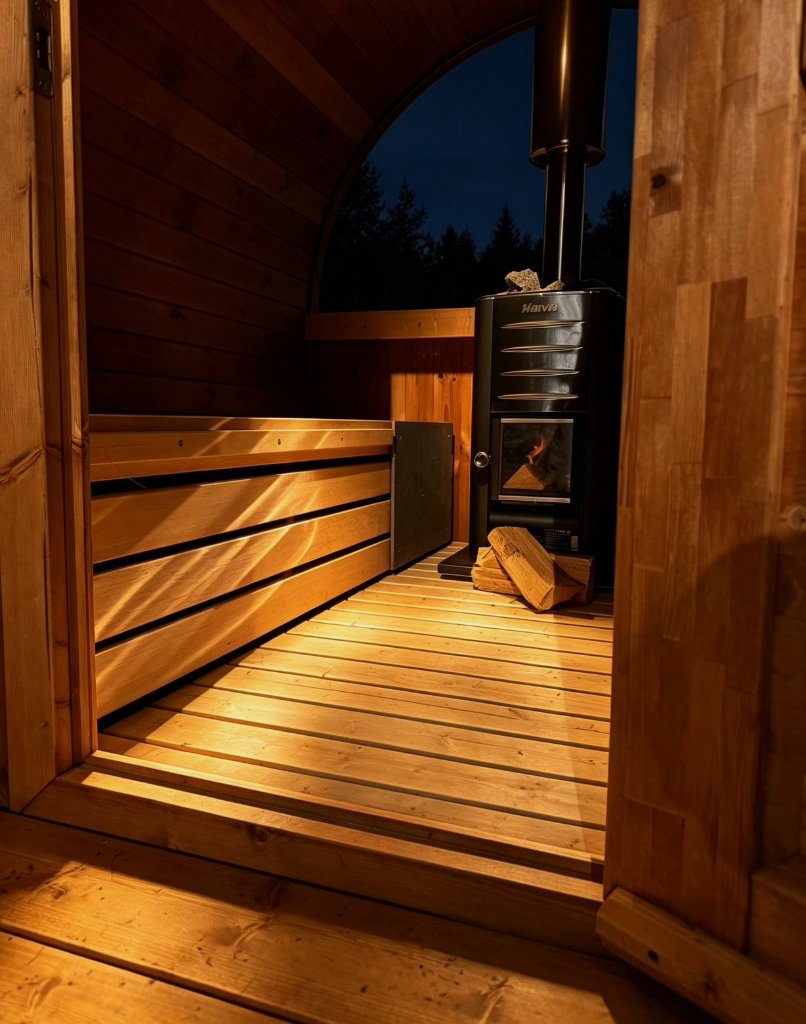 Sauna interior with Harvia heater and views over the fjord
