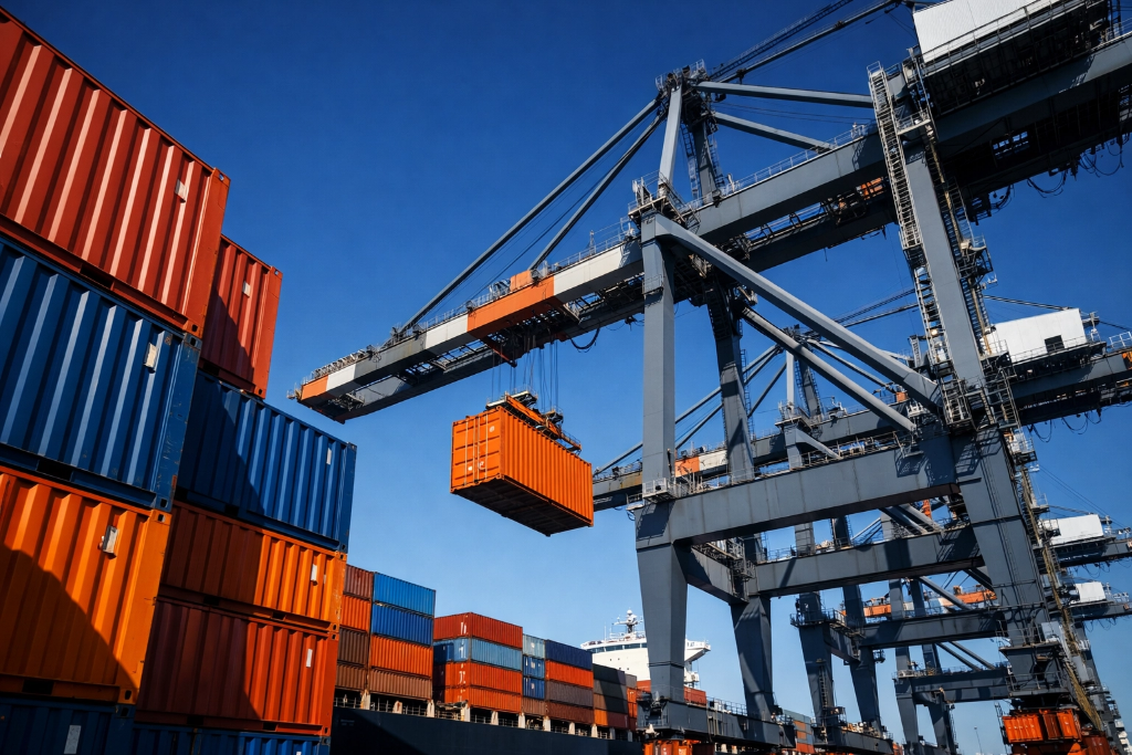 Porto industrial com guindastes movimentando contêineres de carga internacional