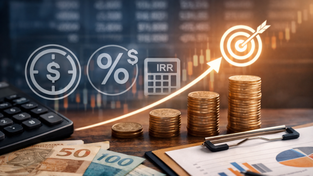 Cálculo de Payback, ROI e TIR com moedas empilhadas e gráfico de crescimento financeiro