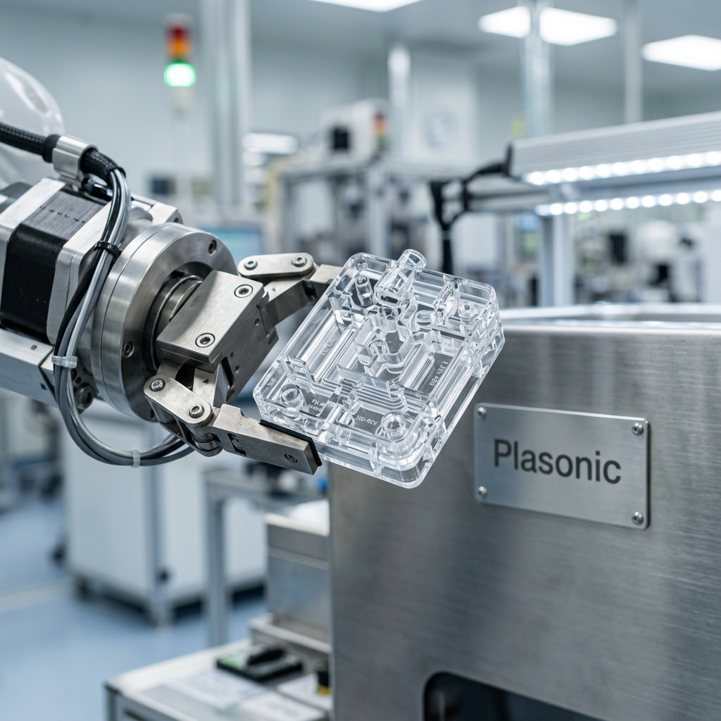 Componente plástico médico transparente fabricado em sala limpa com selo Plasonic