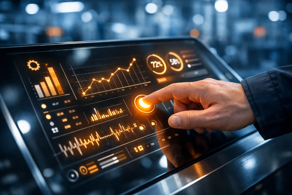 Operador interagindo com painel touchscreen de monitoramento industrial com gráficos em tempo real