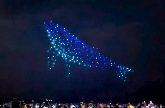 Spectacle sur-mesure de 300 drones lumineux dessinant une baleine au-dessus de la mer