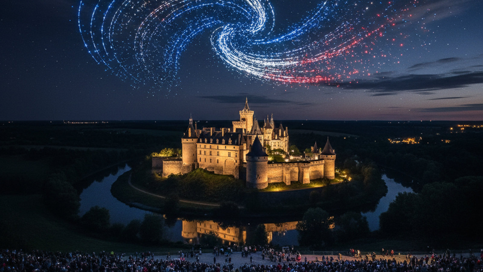 Spectacle de drones lumineux dans le ciel nocturne