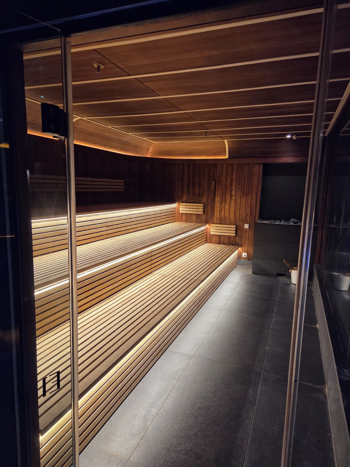Restored sauna timber interior at Eden One Dublin — refinished wall timber