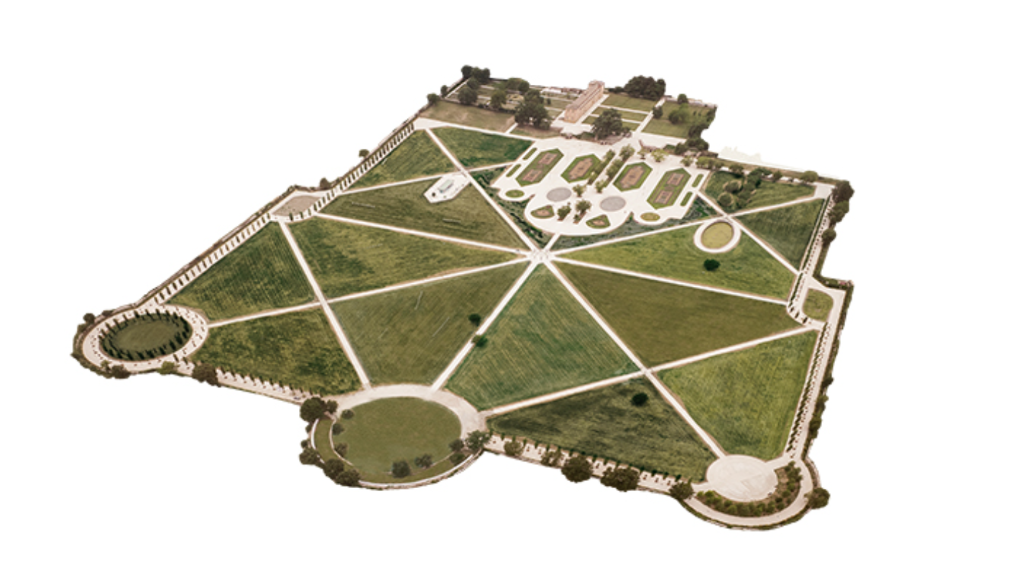 Veduta aerea isometrica del parco della Reggia di Rivalta con geometrie barocche