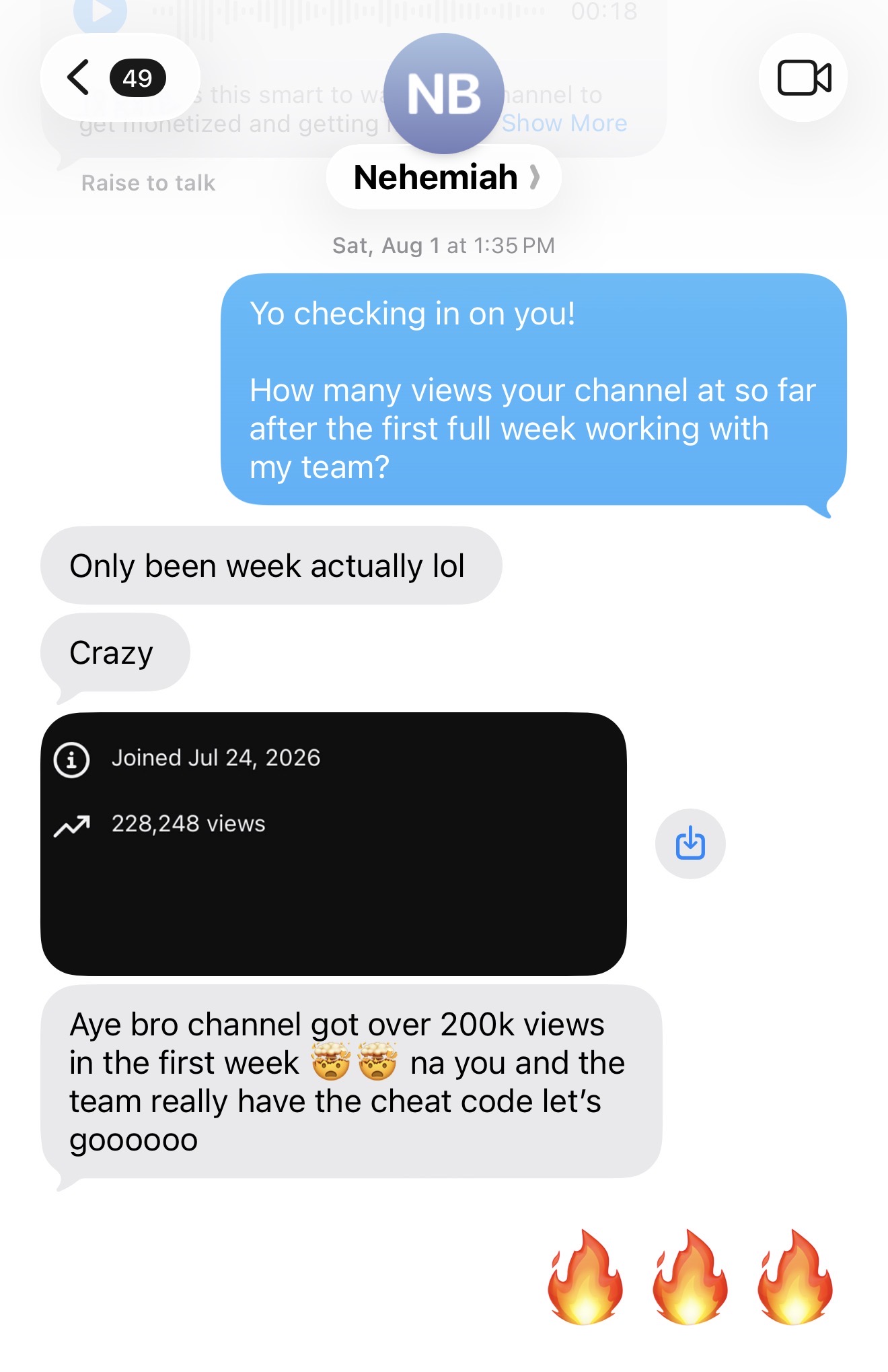 Nehemiah's channel — 228K views in the first week